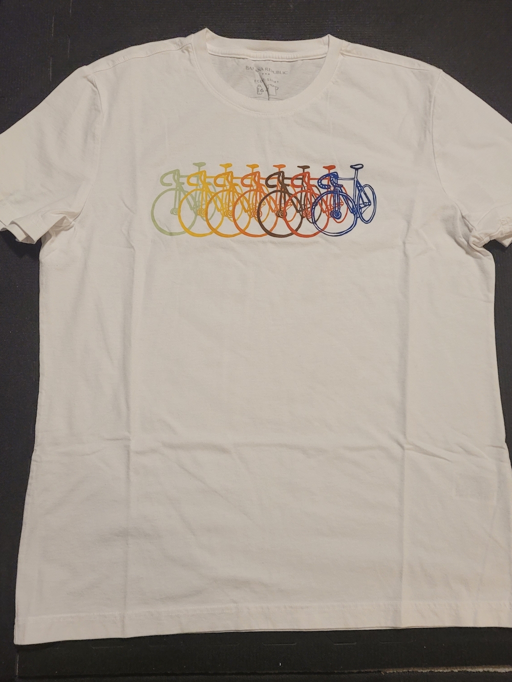 Banana Republic White Short Sleeve Tee with Rainbow Bicycle Graphic